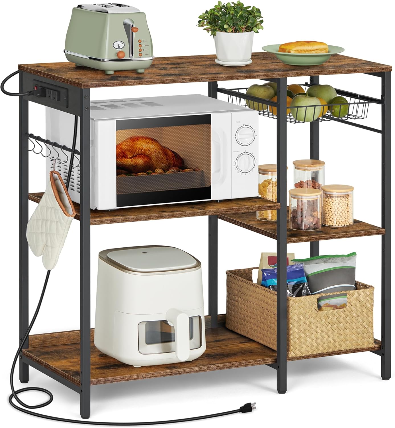 Baker's Rack Coffee Bar Stand with Charging Station, Storage Shelves, Pull-Out Wire Basket, Microwave Table, Kitchen, 15.7x35.4x35.6 Inches, Rustic Brown