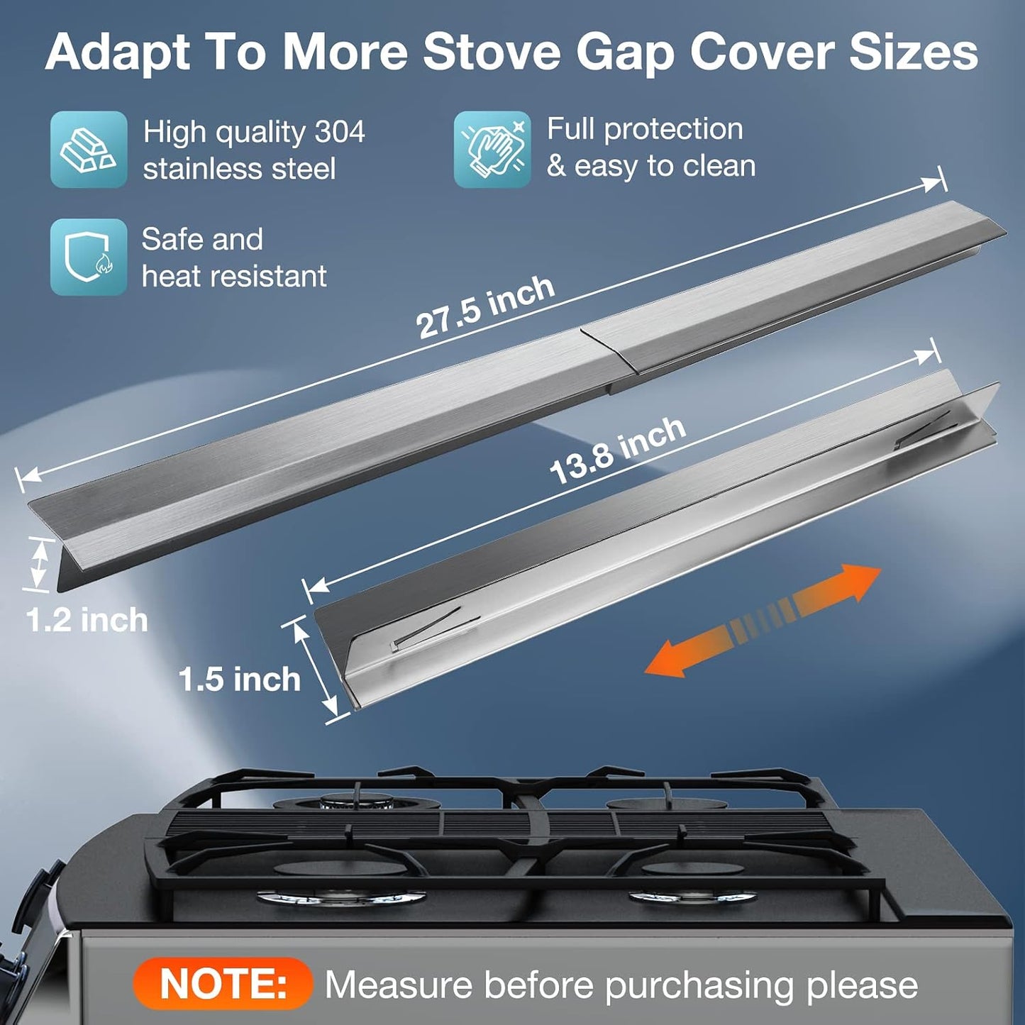 Stainless Steel Stove Gap Covers 2 Pack, Retractable 13.8"-27.5" Heat Resistant Oven Gap Filler and Cooktop Trim Kit, Silver