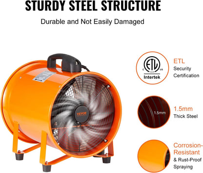 Industrial Portable Air Blower Ventilator, 1070CFM 8" Exhaust Fan with 16.4ft Flexible Duct, 195W High Velocity Air Mover