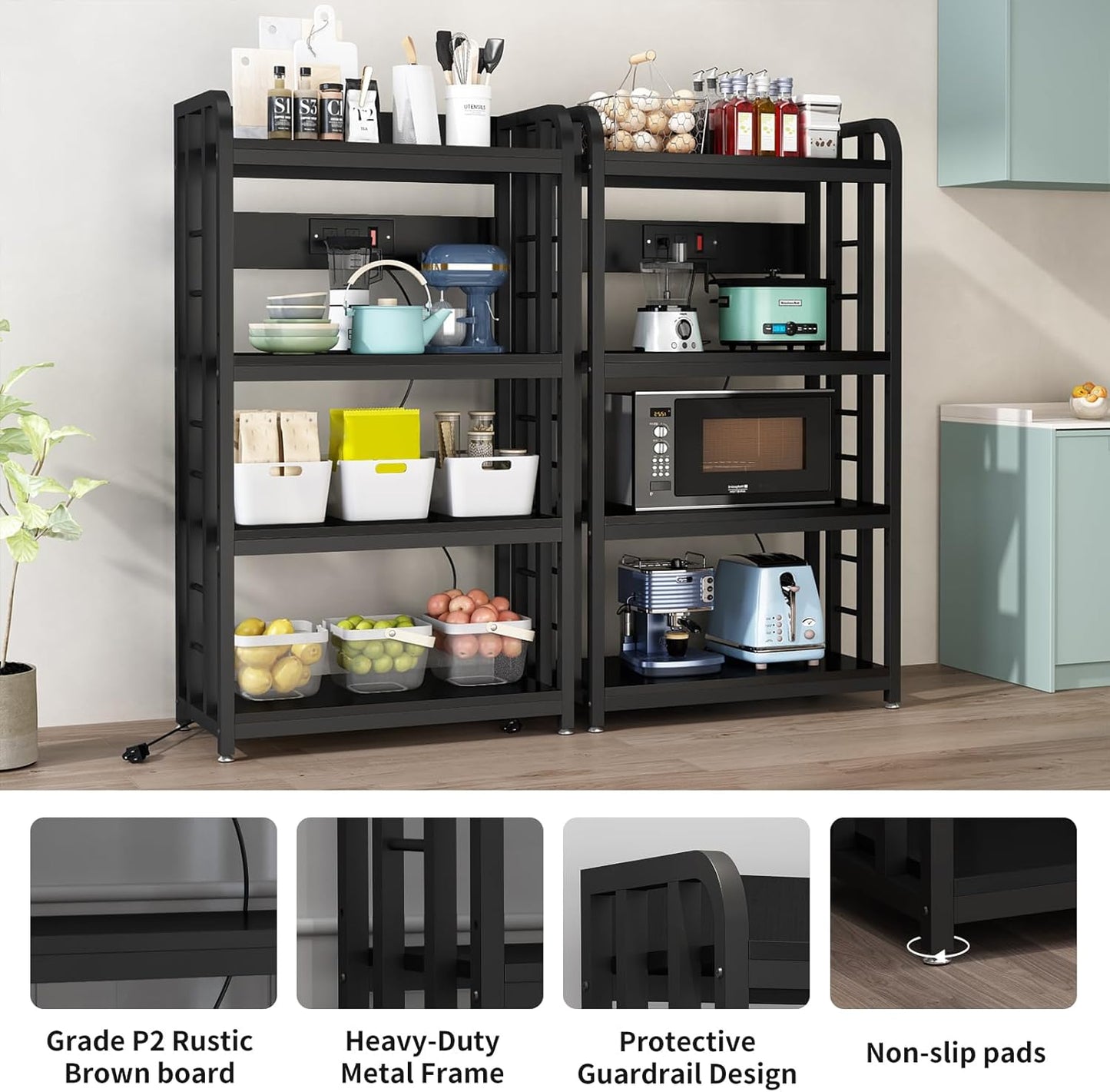 4-Tier Bakers Rack with Power Outlet, Microwave Stand, Freestanding Kitchen Storage Rack, Coffee Bar, Black