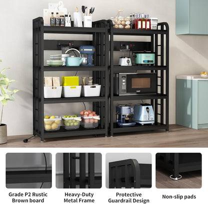 4-Tier Bakers Rack with Power Outlet, Microwave Stand, Freestanding Kitchen Storage Rack, Coffee Bar, Black