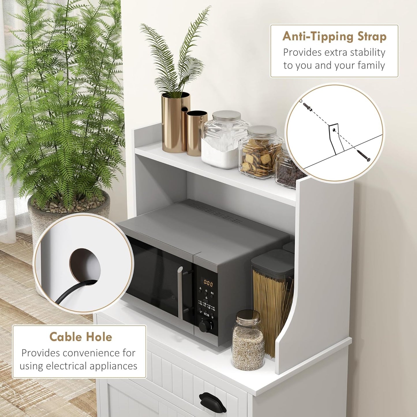 Microwave Cabinet with Storage Drawer, Double Door and Adjustable Shelf, Buffet Hutch with Cable Hole, Kitchen, Dining, Living Room, White