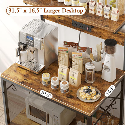 Bakers Rack with Power Outlets, 31.5x16.5 Inch Desktop, Adjustable Shelf, 6 Hooks, Rustic Brown