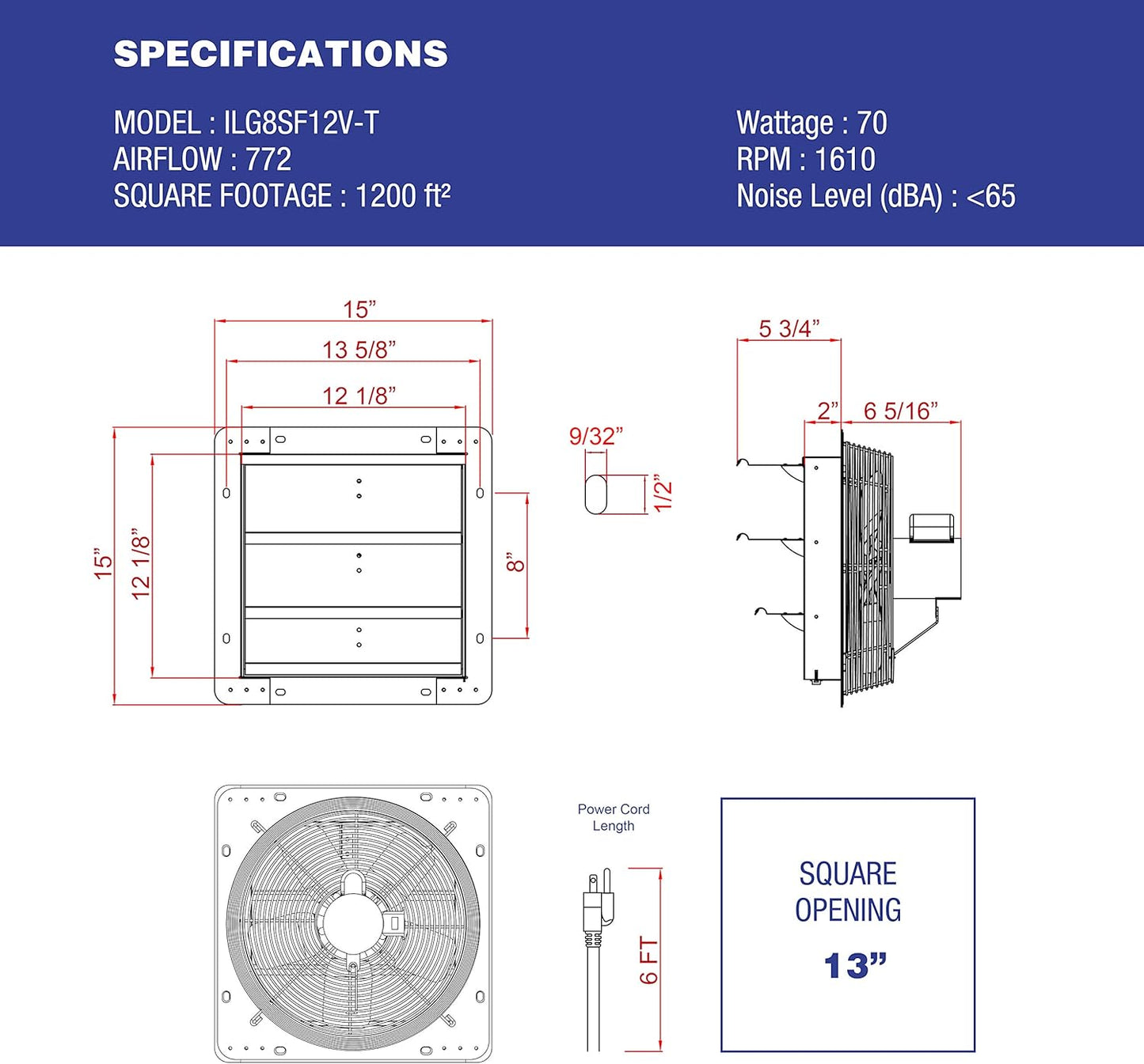 12" Wall Mounted Shutter Exhaust Fan with Thermostat and 3-Speed Control, 960CFM, 1200 SQF Ventilation for Attic, Shed, or Garage, Silver