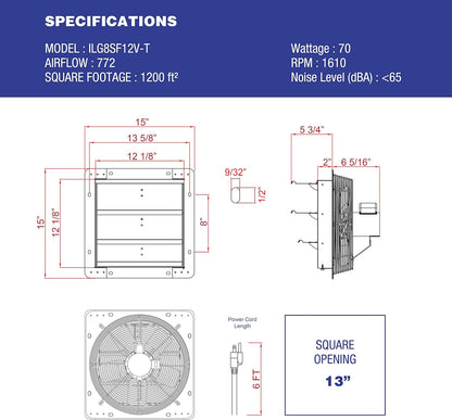 12" Wall Mounted Shutter Exhaust Fan with Thermostat and 3-Speed Control, 960CFM, 1200 SQF Ventilation for Attic, Shed, or Garage, Silver