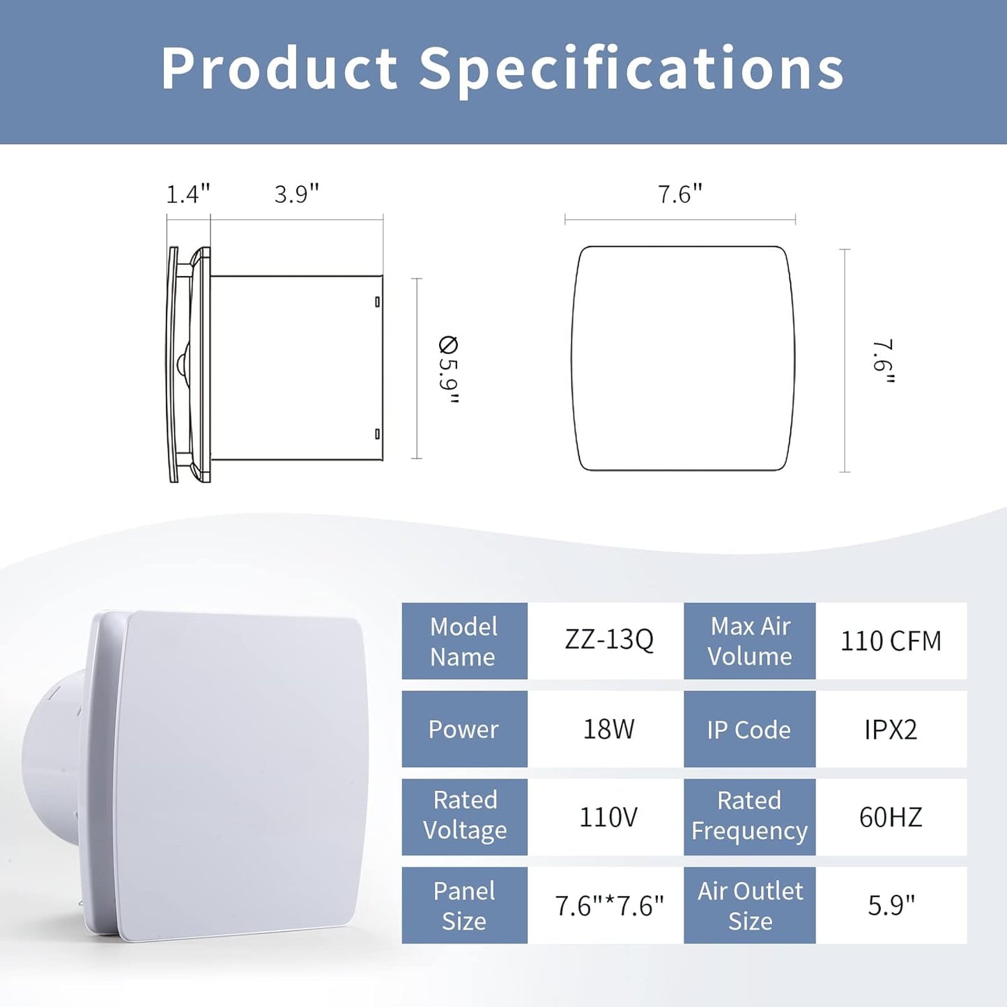 Exhaust Fan 110CFM, 1.0 Sones, 5.9" Duct, White Square Quiet Ceiling or Wall-Mount Ventilation Fan for Bathroom, Office, Laundry, or Shop