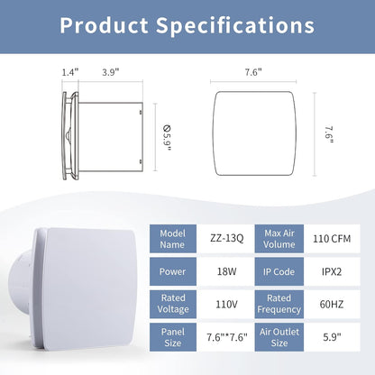Exhaust Fan 110CFM, 1.0 Sones, 5.9" Duct, White Square Quiet Ceiling or Wall-Mount Ventilation Fan for Bathroom, Office, Laundry, or Shop