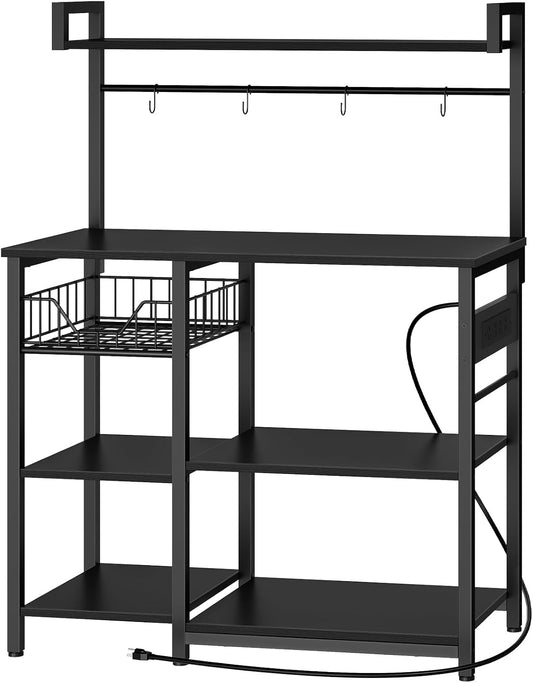 Kitchen Bakers Rack with Power Outlet, Microwave Stand, Mesh Basket, 4 Hooks, Coffee Station, Black