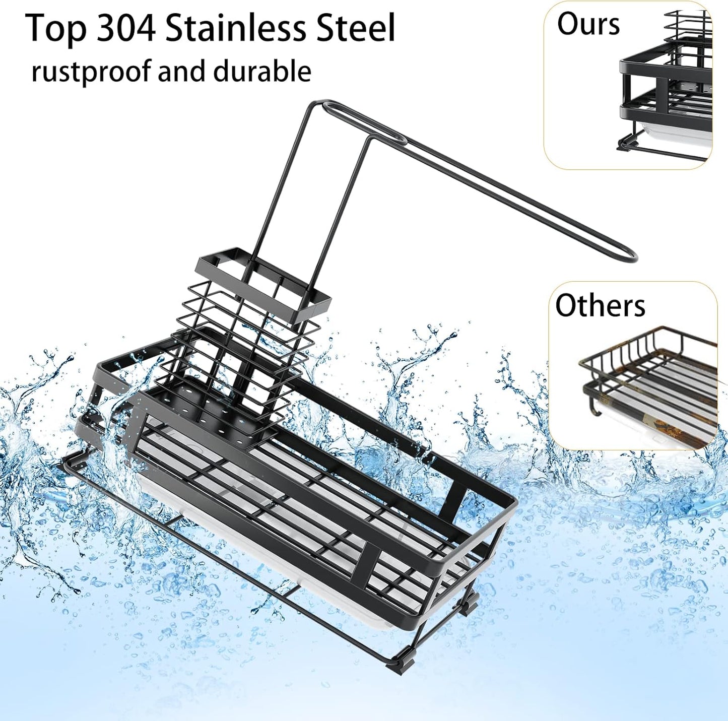 Dish Soap Dispenser and Kitchen Sink Organizer, 304 Stainless Steel with Brush Rack, Sponge Holder, and Drain-Pan Sink Caddy, Kitchen Gadget Gift