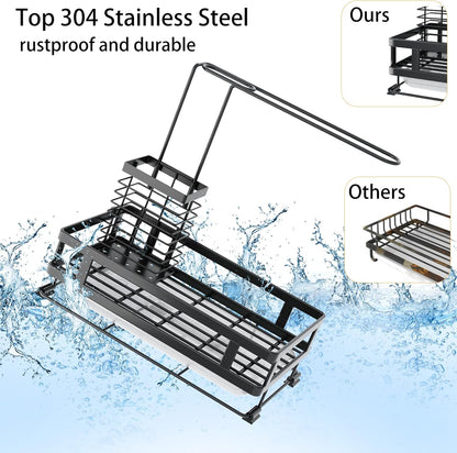 Dish Soap Dispenser and Kitchen Sink Organizer, 304 Stainless Steel with Brush Rack, Sponge Holder, and Drain-Pan Sink Caddy, Kitchen Gadget Gift