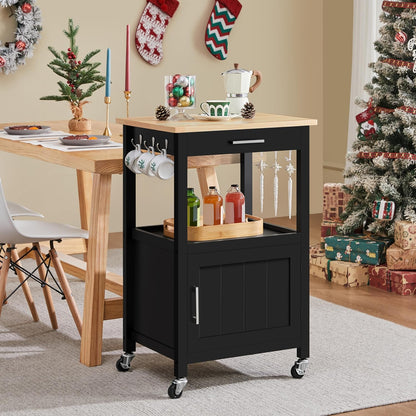 Small Kitchen Island on Wheels with Wood Top and Drawer, Trolley Cart with Open Shelf and Storage Cabinet, 22x18x35 Inches, Black