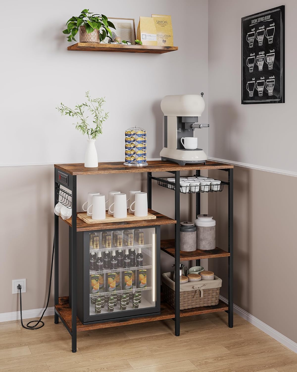 Baker's Rack Coffee Bar Stand with Charging Station, Storage Shelves, Pull-Out Wire Basket, Microwave Table, Kitchen, 15.7x35.4x35.6 Inches, Rustic Brown