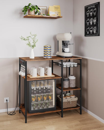 Baker's Rack Coffee Bar Stand with Charging Station, Storage Shelves, Pull-Out Wire Basket, Microwave Table, Kitchen, 15.7x35.4x35.6 Inches, Rustic Brown