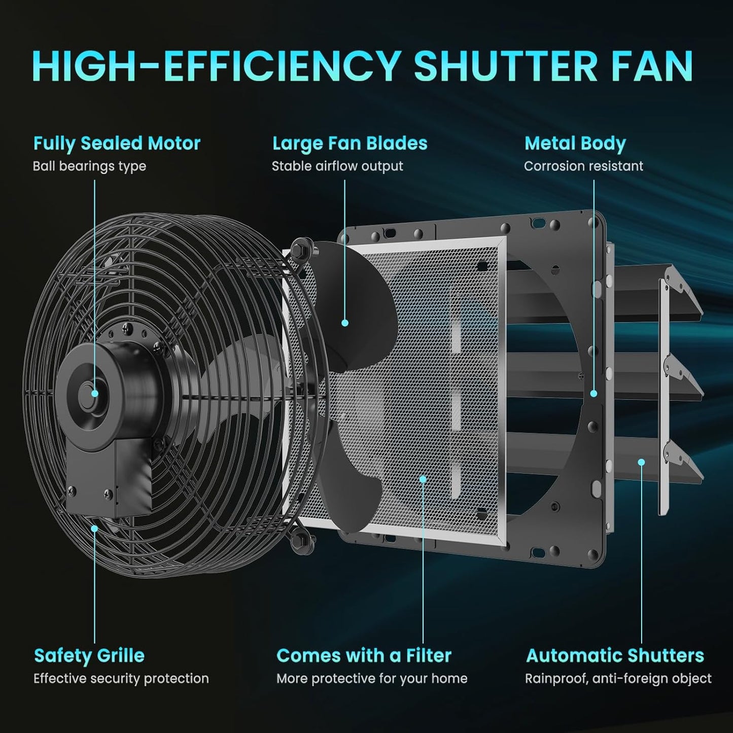 10" Shutter Exhaust Fan, 647CFM Low Noise with Mesh Screen for Basement, Shed, Gable, or Chicken Coop Ventilation, Black