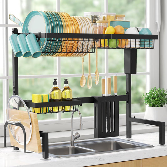 Over-the-Sink 2-Tier Dish Drying Rack, Adjustable Stainless Steel Drainer with Cutlery Holders, 30-33.9x11x21.5", Black