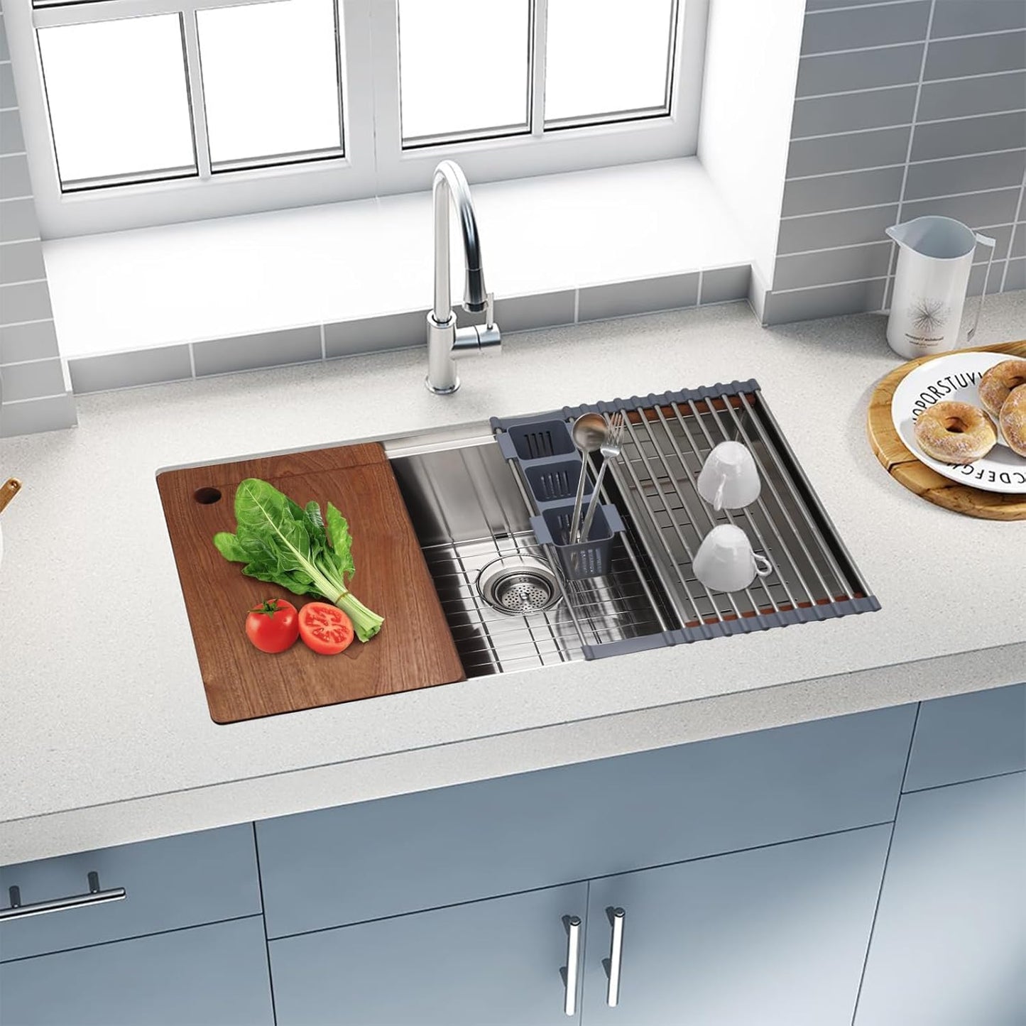 27-Inch Undermount Single Bowl Stainless Steel Kitchen Sink with Quiet Drain, 11-Gauge, Integrated Workstation Set