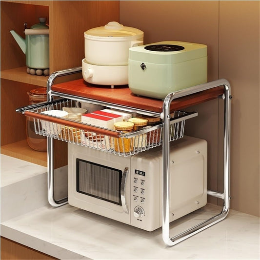 Metal Microwave Stand with Storage, Kitchen Countertop Rack with Pull-Out Basket, Multifunctional Microwave Shelf