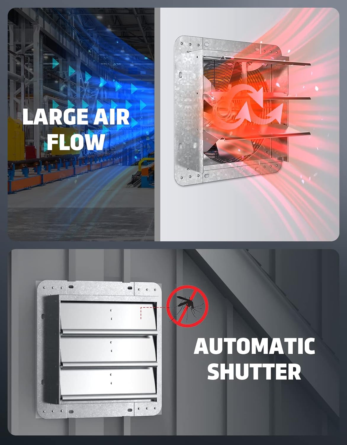 12" Wall Mounted Shutter Exhaust Fan with Thermostat and 3-Speed Control, 960CFM, 1200 SQF Ventilation for Attic, Shed, or Garage, Silver