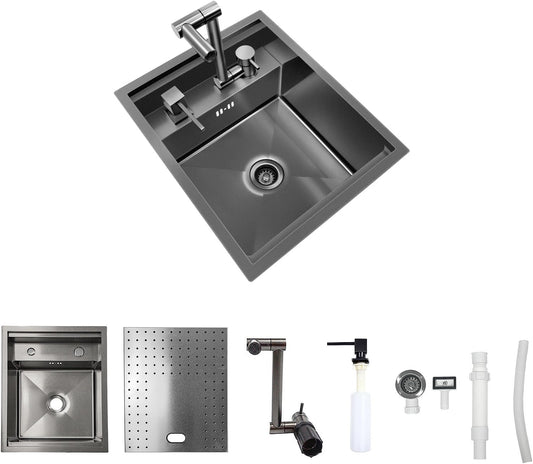 17.32x14.17x7.87-Inch Black Bar Kitchen Sink, Portable Single Bowl with Faucet and Stainless Steel Cover Plate