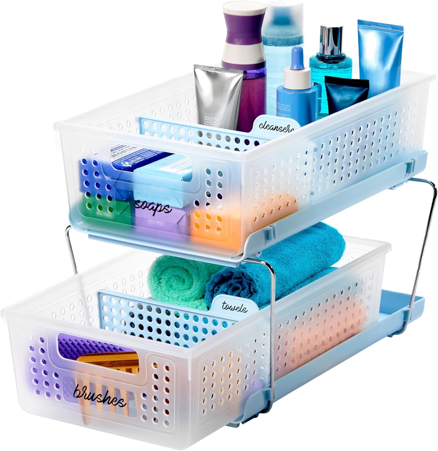 2-Tier Plastic Multipurpose Organizer with Divided Slide-Out Storage Bins, Under-Sink and Cabinet Rack, Frost