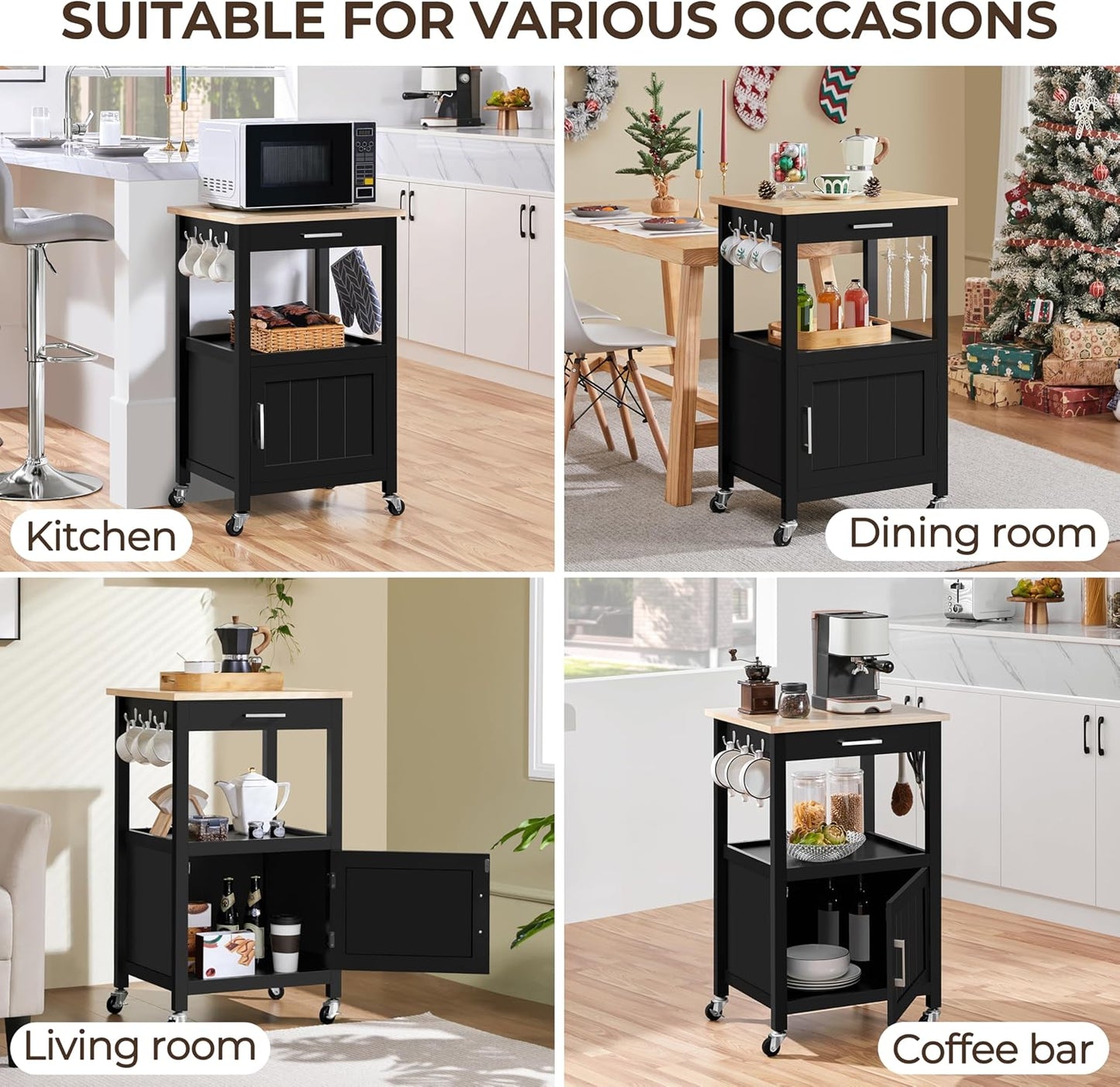 Small Kitchen Island on Wheels with Wood Top and Drawer, Trolley Cart with Open Shelf and Storage Cabinet, 22x18x35 Inches, Black