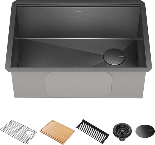 27-Inch Undermount Workstation Single Bowl Black Stainless Steel Kitchen Sink with Accessories, 16-Gauge, Gunmetal Finish