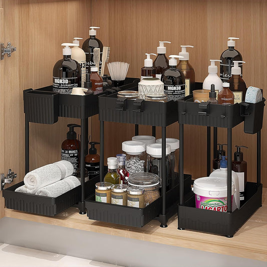 3 Pack Under-Sink 2-Tier Organizers with Sliding Drawers, Multi-Use Kitchen and Bathroom Storage, 12.8" Black Cabinet Organizer