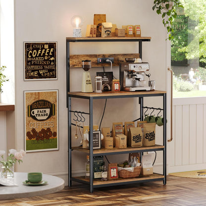 Bakers Rack with Power Outlets, 31.5x16.5 Inch Desktop, Adjustable Shelf, 6 Hooks, Rustic Brown