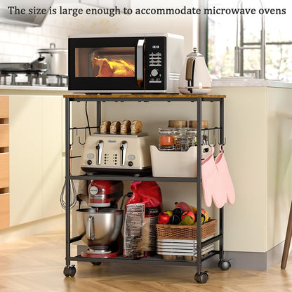 3-Tier Rolling Kitchen Microwave Cart with Storage, Utility Cart on Lockable Wheels, Coffee Cart Shelf Organizer for Living Room, Office, Balcony