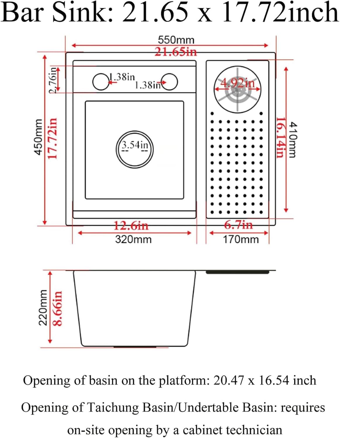 21.6x17.7-Inch Black Stainless Steel Slow Drop Bar Sink for Center Island, Motor Home, Western Style Countertop with Rotating Folding Faucet and Press Cup Washer