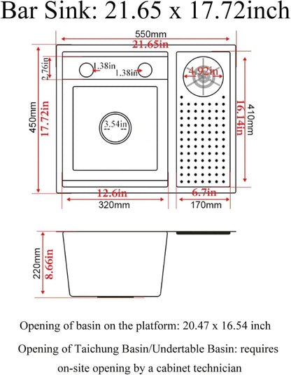21.6x17.7-Inch Black Stainless Steel Slow Drop Bar Sink for Center Island, Motor Home, Western Style Countertop with Rotating Folding Faucet and Press Cup Washer