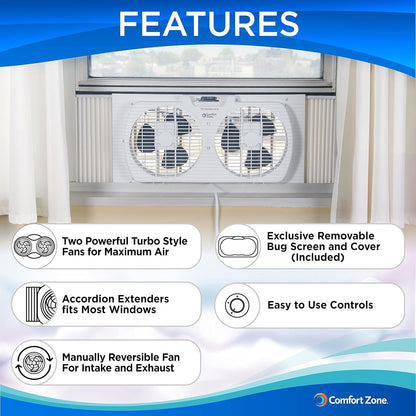 Twin Window Fan with Reversible Airflow, 9" Dual Fan, 2-Speed, Auto-Locking Expanders, 9.84 ft/sec, for Home, Kitchen, Bedroom, or Office