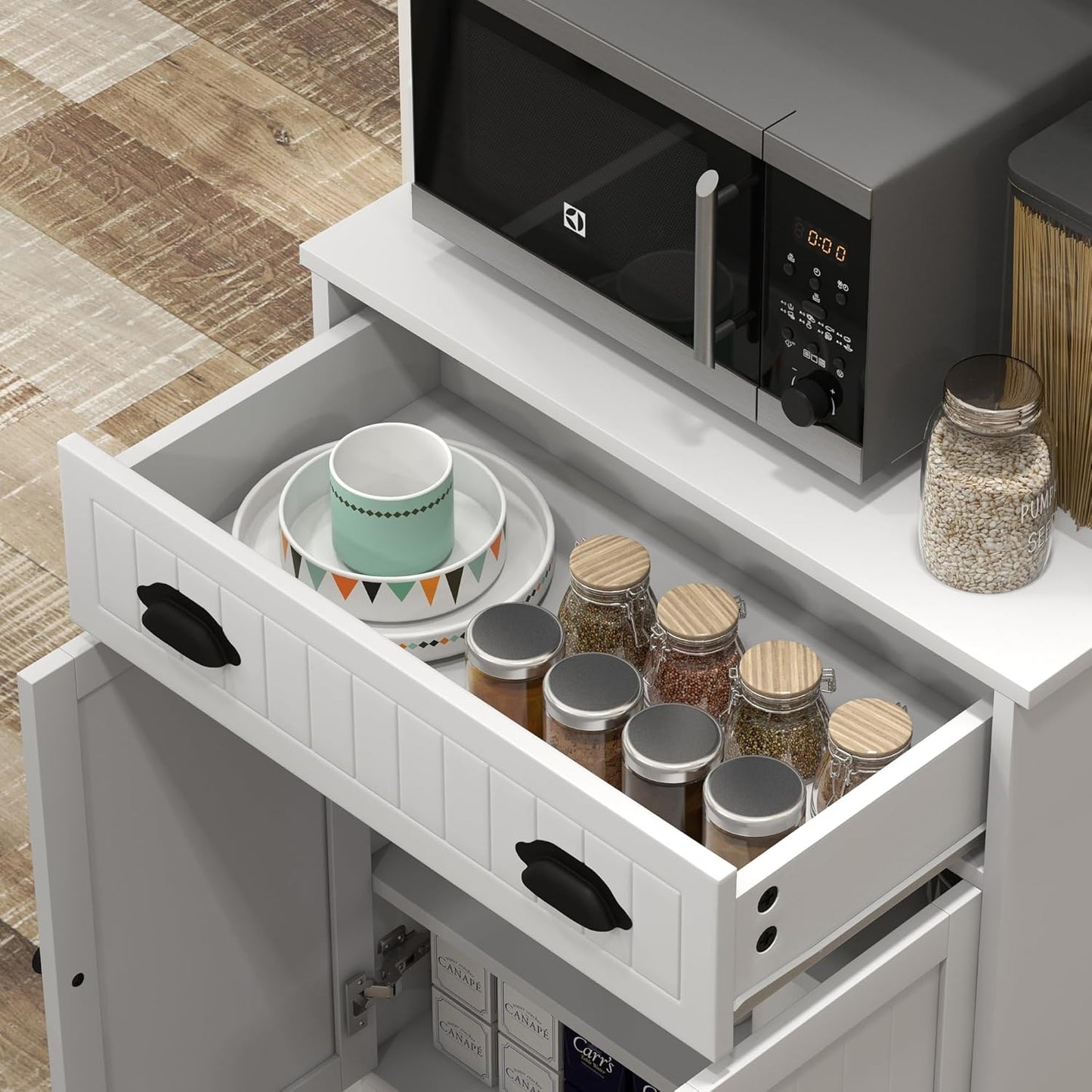 Microwave Cabinet with Storage Drawer, Double Door and Adjustable Shelf, Buffet Hutch with Cable Hole, Kitchen, Dining, Living Room, White