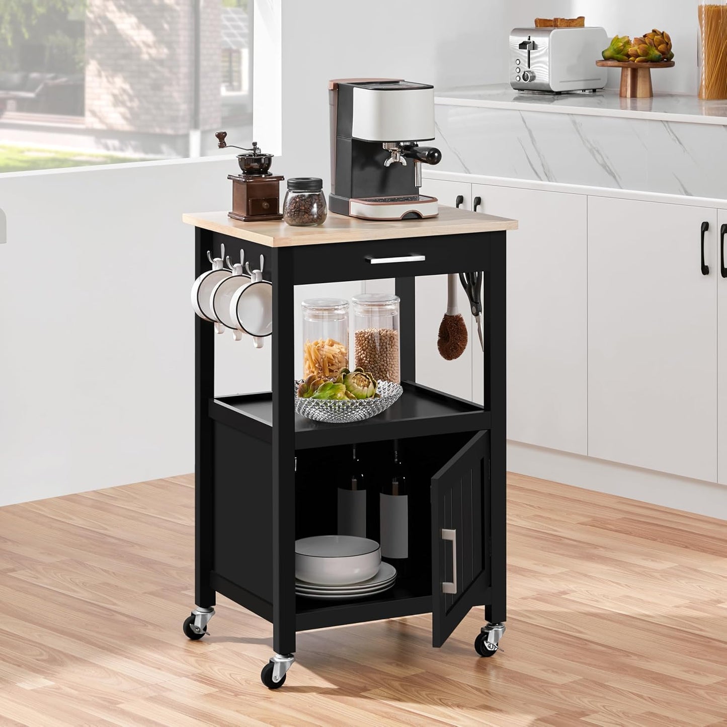 Small Kitchen Island on Wheels with Wood Top and Drawer, Trolley Cart with Open Shelf and Storage Cabinet, 22x18x35 Inches, Black