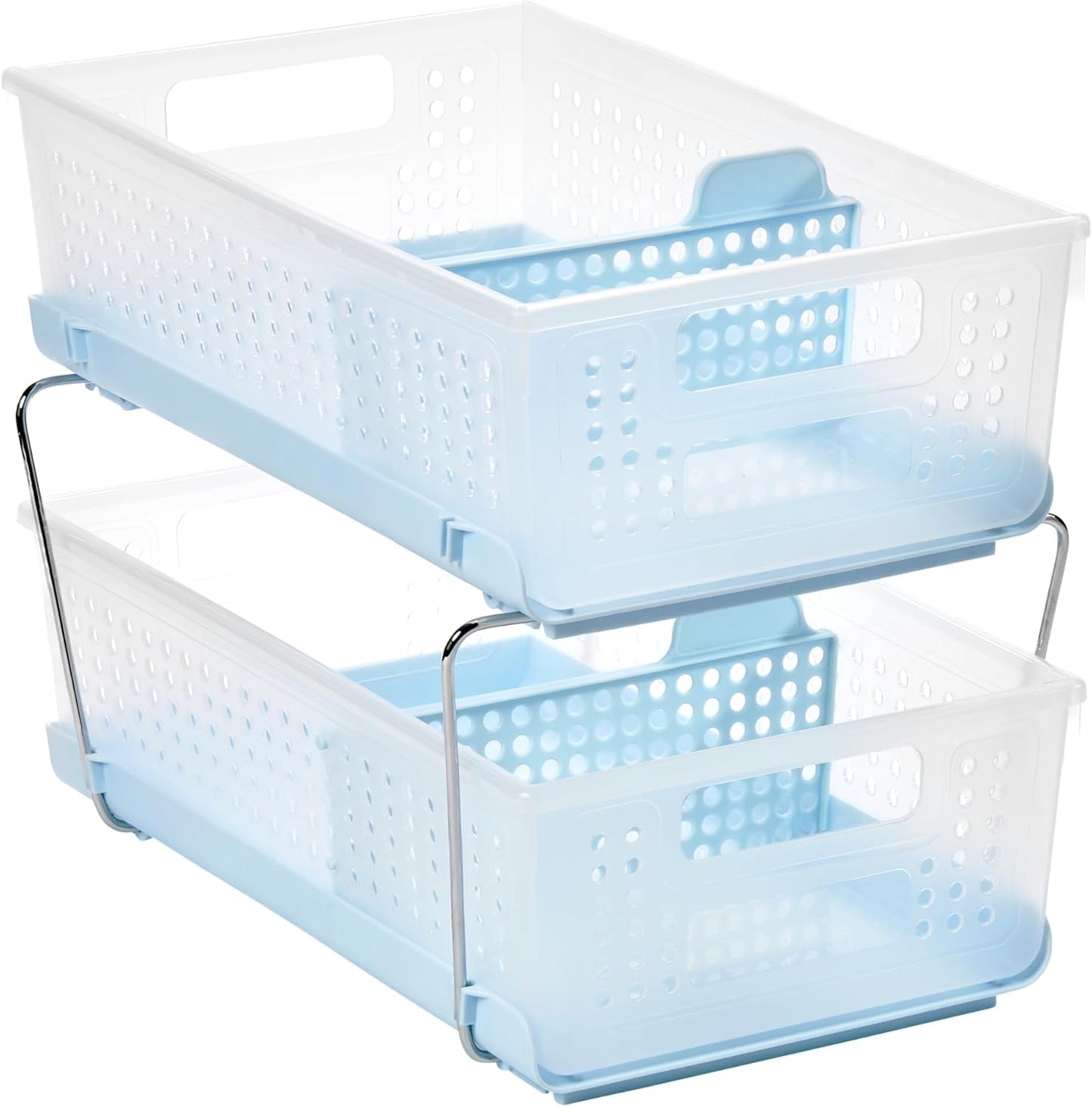 2-Tier Plastic Multipurpose Organizer with Divided Slide-Out Storage Bins, Under-Sink and Cabinet Rack, Frost
