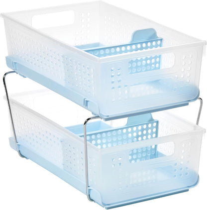 2-Tier Plastic Multipurpose Organizer with Divided Slide-Out Storage Bins, Under-Sink and Cabinet Rack, Frost