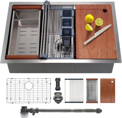 27-Inch Undermount Single Bowl Stainless Steel Kitchen Sink with Quiet Drain, 11-Gauge, Integrated Workstation Set