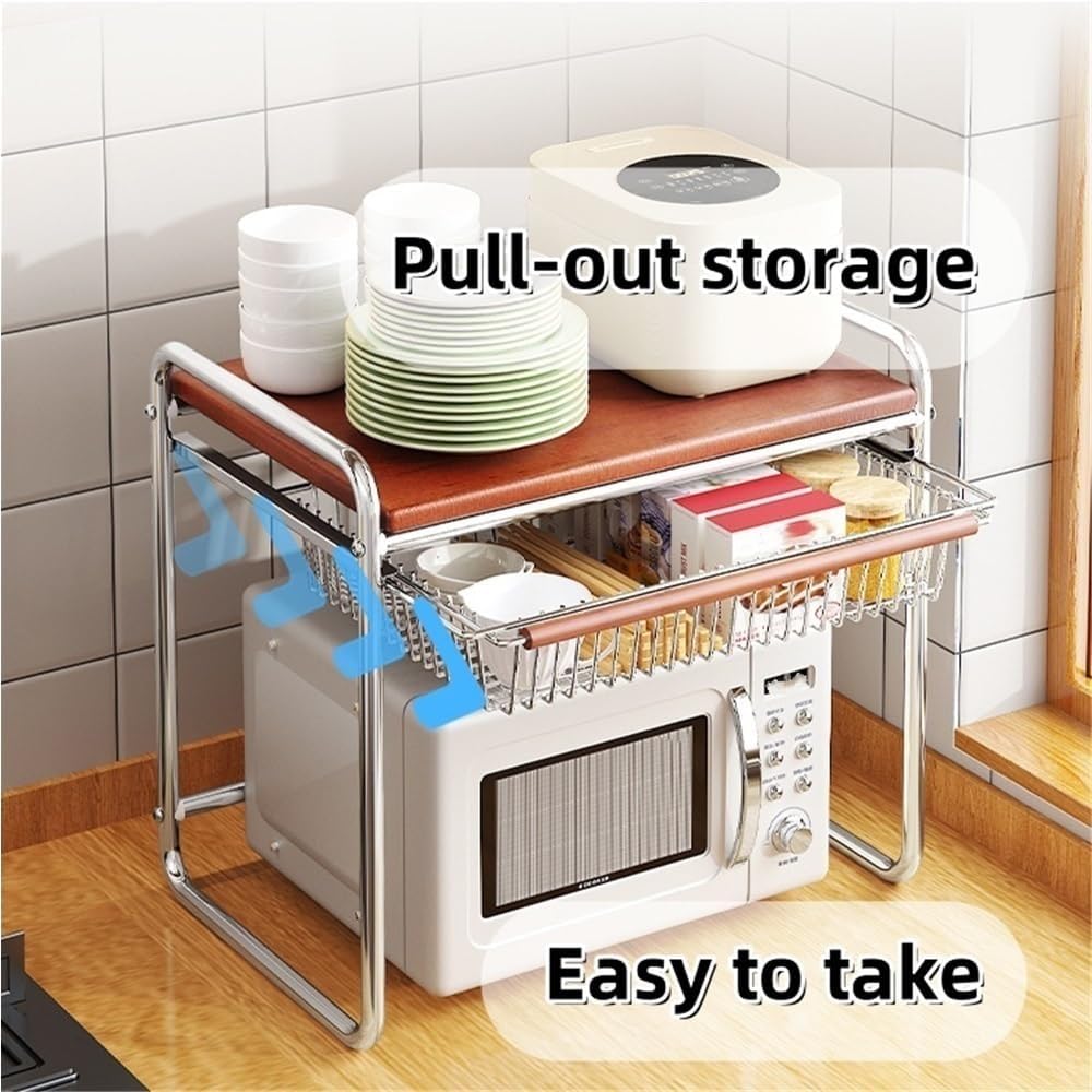 Metal Microwave Stand with Storage, Kitchen Countertop Rack with Pull-Out Basket, Multifunctional Microwave Shelf