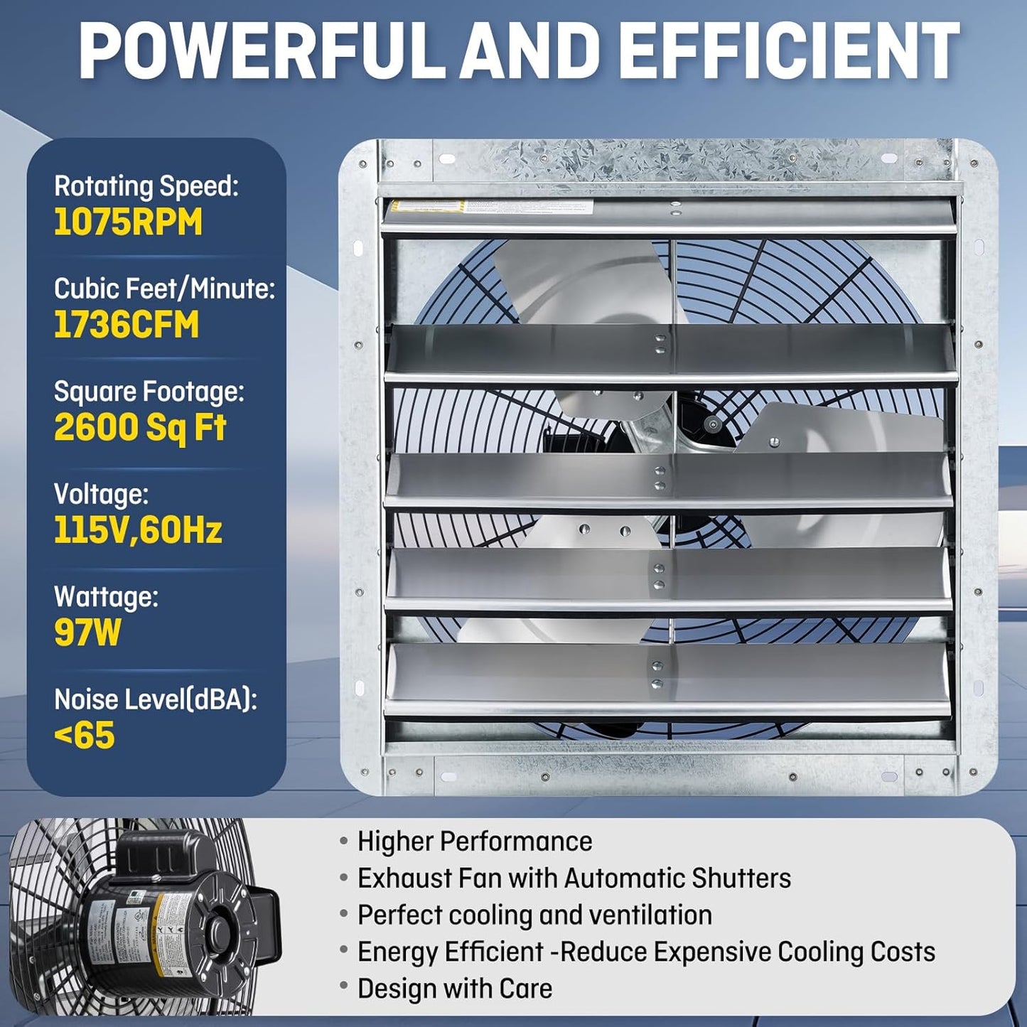 18" Wall Mounted Shutter Exhaust Fan with Automatic Shutter, Thermostat, Variable Speed, 1736CFM, 2600 SQF Coverage, Silver