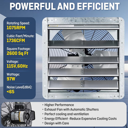 18" Wall Mounted Shutter Exhaust Fan with Automatic Shutter, Thermostat, Variable Speed, 1736CFM, 2600 SQF Coverage, Silver