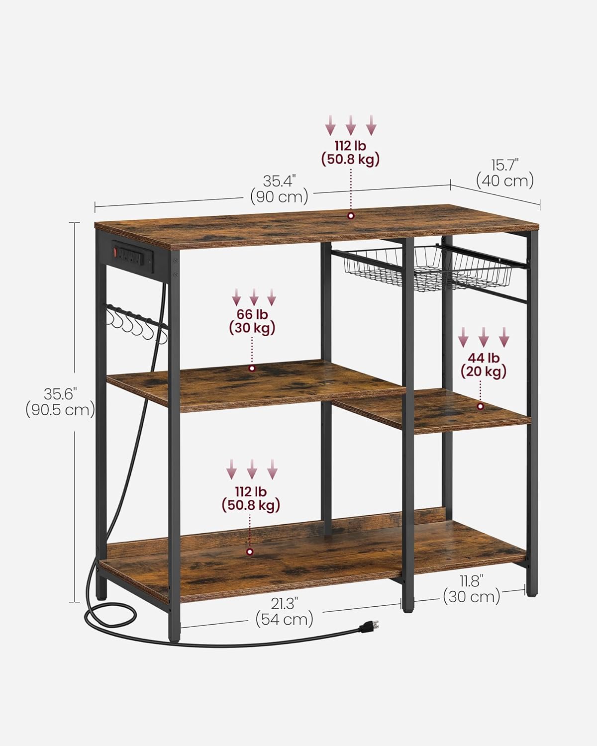 Baker's Rack Coffee Bar Stand with Charging Station, Storage Shelves, Pull-Out Wire Basket, Microwave Table, Kitchen, 15.7x35.4x35.6 Inches, Rustic Brown
