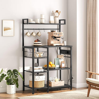 Kitchen Bakers Rack with Power Outlet, Microwave Stand, Mesh Basket, 4 Hooks, Coffee Station, Black