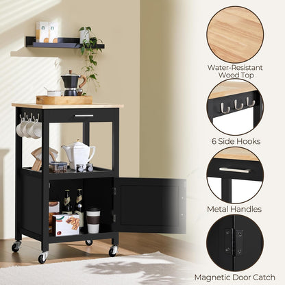 Small Kitchen Island on Wheels with Wood Top and Drawer, Trolley Cart with Open Shelf and Storage Cabinet, 22x18x35 Inches, Black