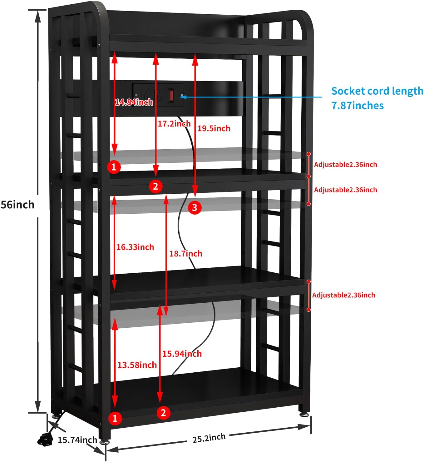 4-Tier Bakers Rack with Power Outlet, Microwave Stand, Freestanding Kitchen Storage Rack, Coffee Bar, Black