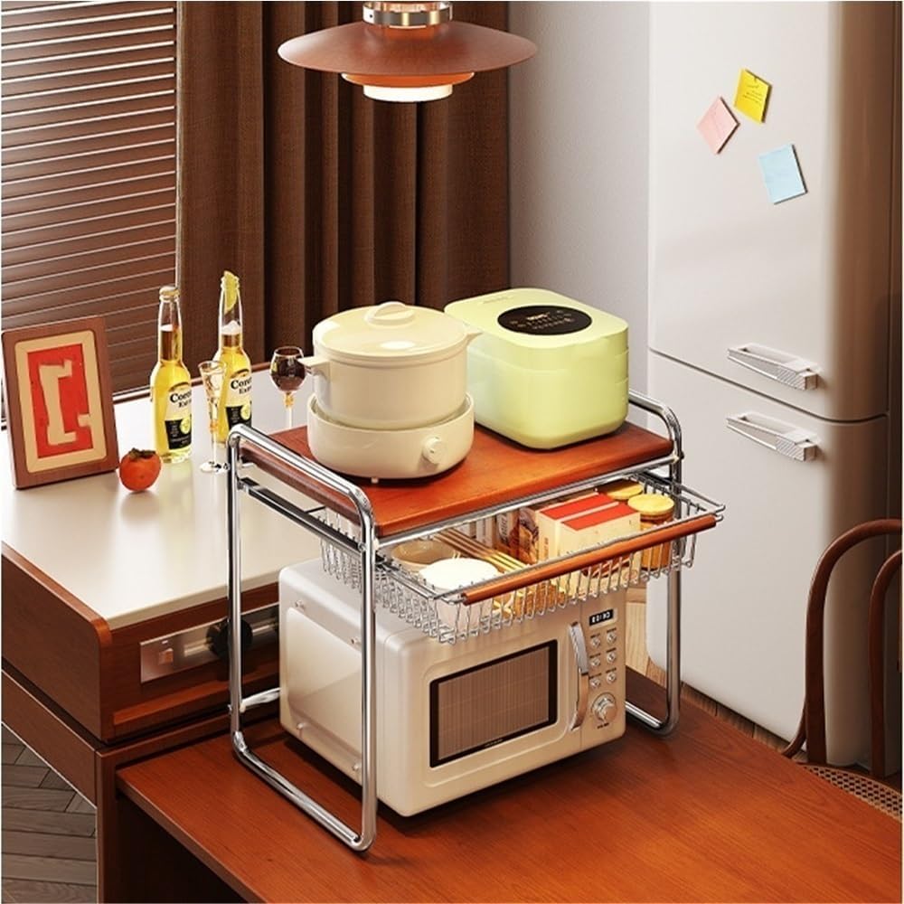 Metal Microwave Stand with Storage, Kitchen Countertop Rack with Pull-Out Basket, Multifunctional Microwave Shelf