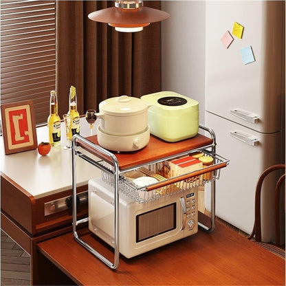 Metal Microwave Stand with Storage, Kitchen Countertop Rack with Pull-Out Basket, Multifunctional Microwave Shelf