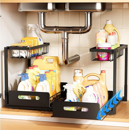 2 Pack Under-Sink Pull-Out Metal Cabinet Organizer Shelves with Sliding Drawer, Storage for Kitchen, Bathroom, Pantry, Laundry, RV, and Spice Organization