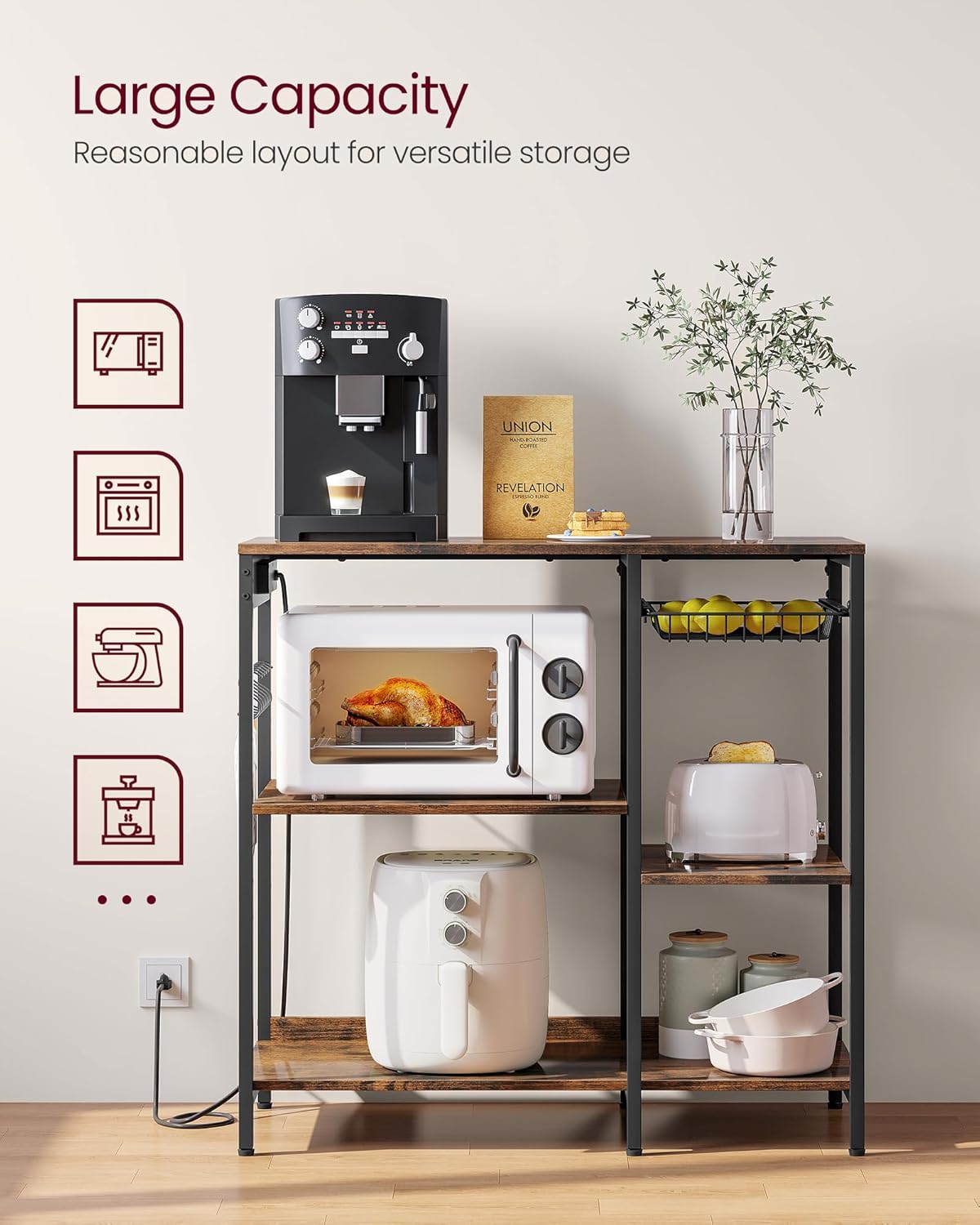 Baker's Rack Coffee Bar Stand with Charging Station, Storage Shelves, Pull-Out Wire Basket, Microwave Table, Kitchen, 15.7x35.4x35.6 Inches, Rustic Brown