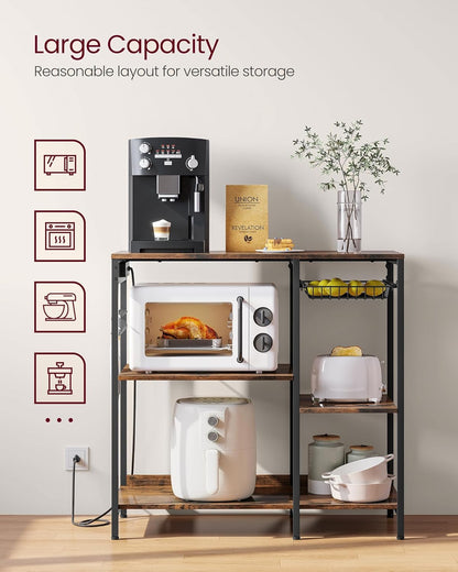 Baker's Rack Coffee Bar Stand with Charging Station, Storage Shelves, Pull-Out Wire Basket, Microwave Table, Kitchen, 15.7x35.4x35.6 Inches, Rustic Brown