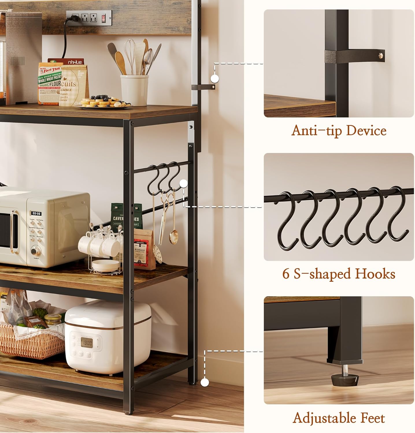 Bakers Rack with Power Outlets, 31.5x16.5 Inch Desktop, Adjustable Shelf, 6 Hooks, Rustic Brown